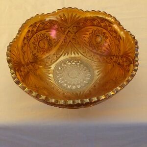 Amber/Marigold Carnival Glass Cut-Style Decorative Bowl; Vintage GORGEOUS